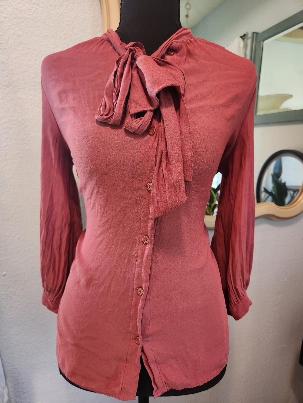 Forever 21 Dusty Rose Tie-Neck Button Down Blouse